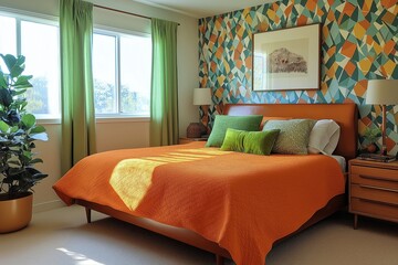 A colorful dopamine-style bedroom featuring an orange bed with green pillows, geometric wallpaper, and natural light pouring in through large windows, creating a vibrant and cozy atmosphere
