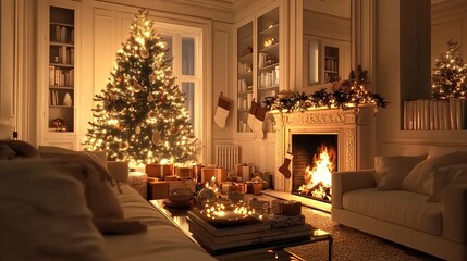 Cozy living room with a roaring fireplace, stockings hung on the mantle, and a beautifully decorated Christmas tree glowing with warm lights. 4K hyperrealistic photo
