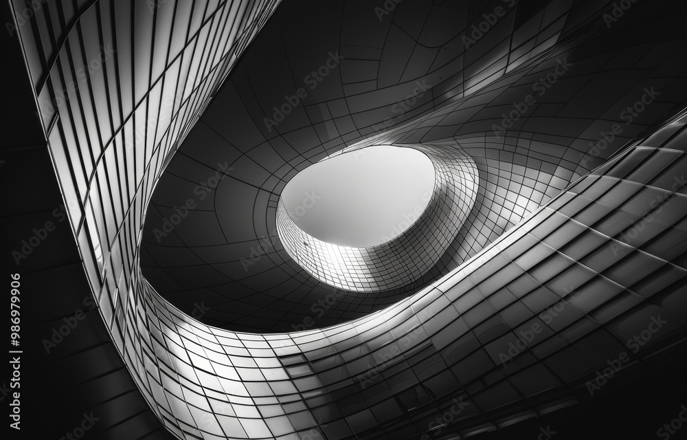 Poster Abstract black and white photo of a modern architectural design with curved lines and a circular opening in the ceiling.