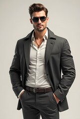 Fototapeta premium サングラスをかけたガタイの良い男性がグレーのスーツを着て立っている画像