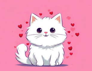 white fluffy cute cat with red hearts on pink background. postcard, sticker, poster for Valentine Day.