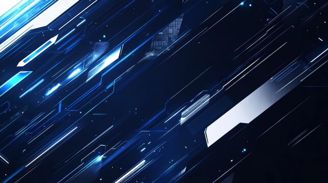 A digital abstract background featuring a geometric pattern of glowing blue and white lines on a dark background.