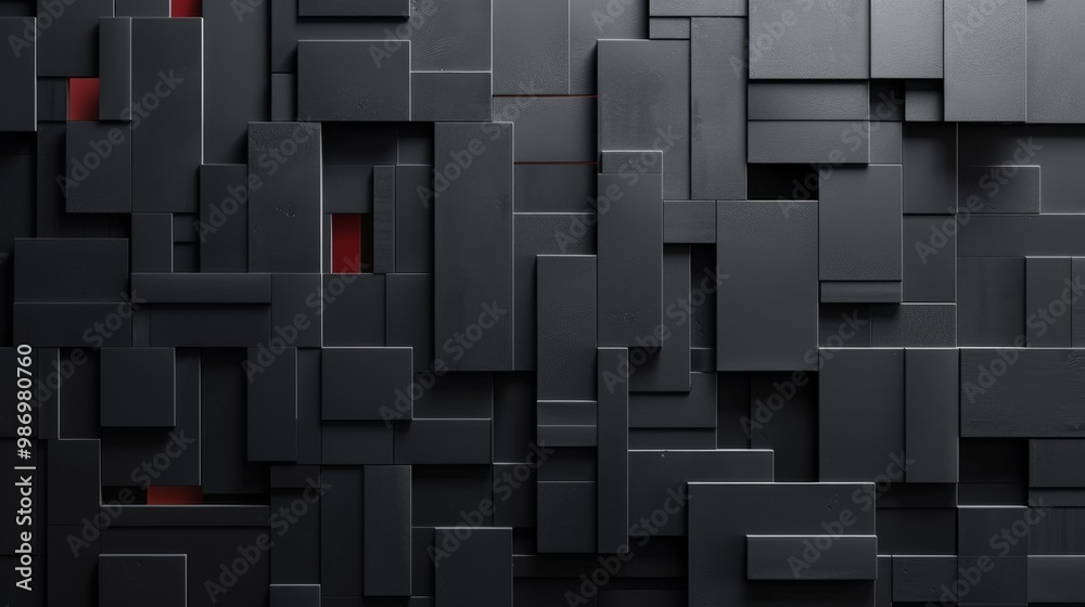Aufkleber An abstract geometric pattern made of black and red squares with a textured surface, overlapping each other to create a depth and perspective effect.