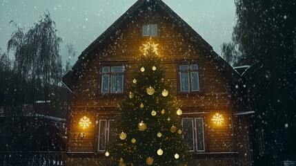 Fototapeta premium evening image of a two-story illuminated house with Christmas and a big beautifully decorated Christmas tree. Decorations and gently falling snow 