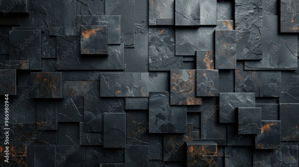 Poster A close-up shot of a wall made of black stone tiles with an irregular texture and subtle gold accents, creating a modern and minimalist aesthetic.