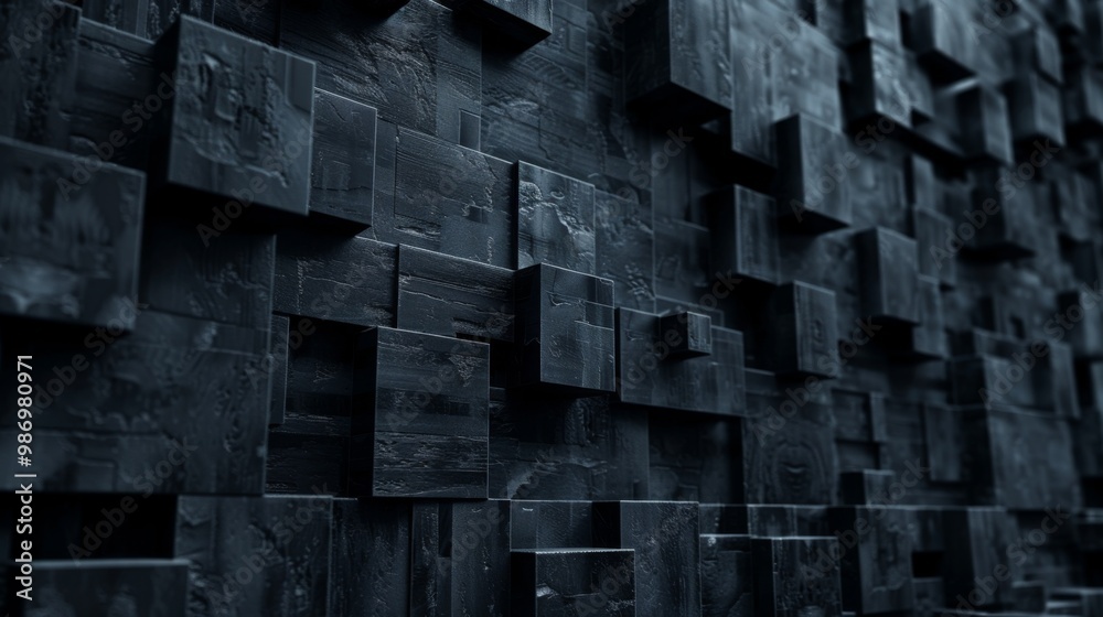Aufkleber A close-up of a dark gray wall constructed from textured cubic blocks, creating an abstract geometric pattern.