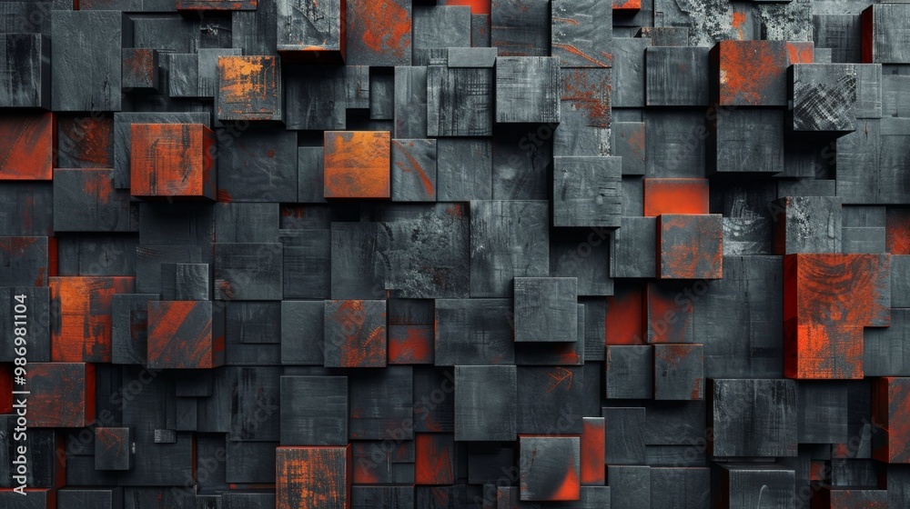 Poster A close-up view of an abstract pattern made from gray and orange squares.
