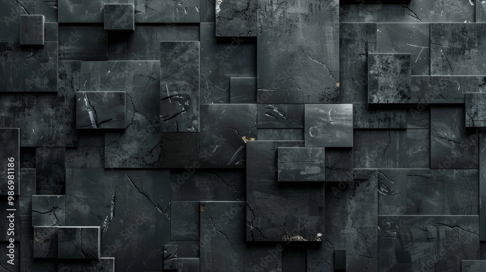 Poster a close-up shot of a dark gray stone wall with a textured surface and geometric shapes.