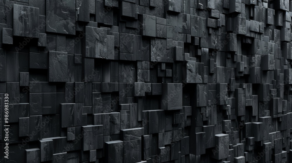 Leinwandbilder A close-up view of a wall made of dark gray stone cubes of varying sizes, creating an abstract geometric pattern.