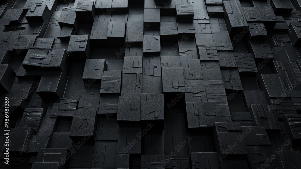 Poster a close-up of a black geometric pattern of recessed squares.