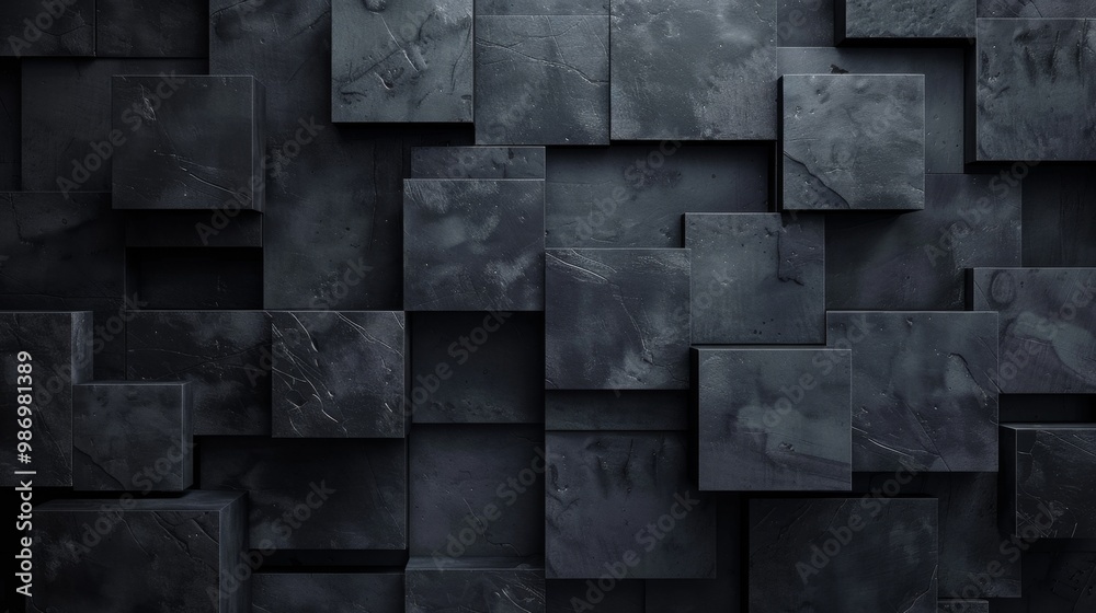 Poster An abstract image of a wall composed of dark gray stone cubes, creating a textured geometric background.