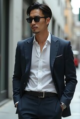 アジア系の男性がサングラスをして男性がスーツを着て立っている画像