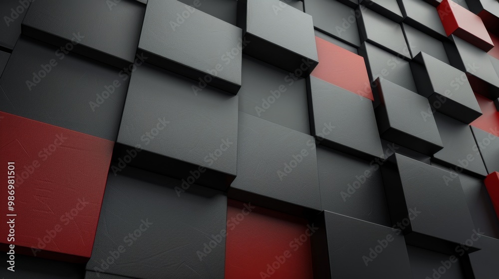 Poster A close-up view of an abstract geometric pattern made of black and red cubes, arranged in a repeating and overlapping configuration.