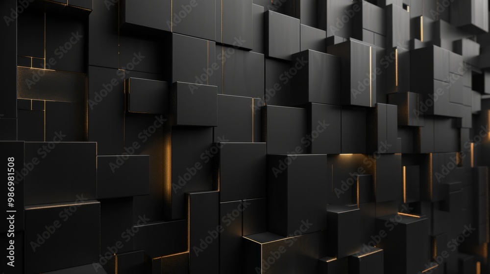 Poster A black cube wall with gold highlights, creating an abstract geometric pattern.