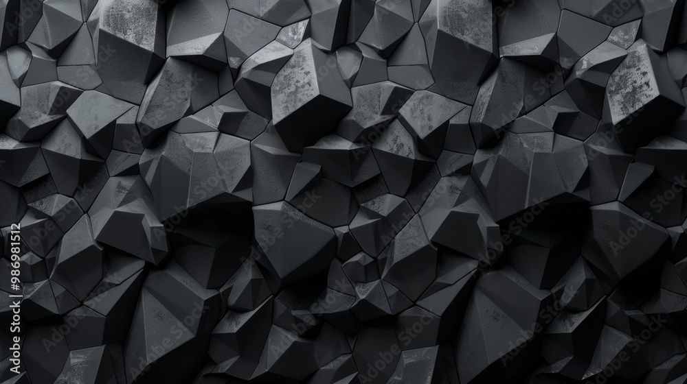 Leinwandbilder A close-up view of an abstract geometric pattern composed of many black polygons, forming a textured, dark, and edgy background.