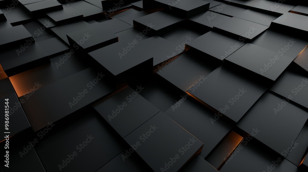 Poster A 3D rendered abstract geometric pattern featuring a series of black cubes with subtle orange highlights, creating a visually engaging composition.