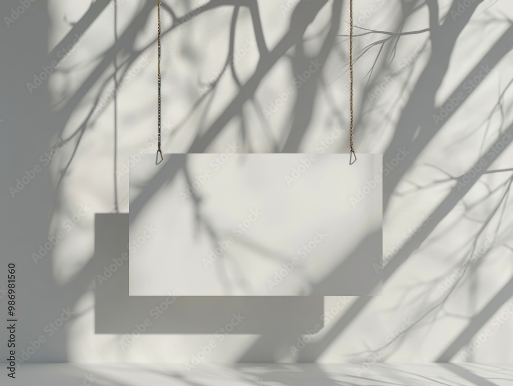 Poster a blank white sign hanging from twine with tree branch shadows on a white wall.