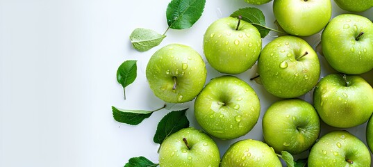 many fresh green apples and green leaves on white background, top view