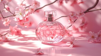 A glass perfume bottle with soft pink liquid set on a pink surface, surrounded by cherry blossoms and soft lighting, evoking a romantic and elegant atmosphere.