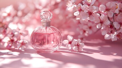A glass perfume bottle with soft pink liquid set on a pink surface, surrounded by cherry blossoms and soft lighting, evoking a romantic and elegant atmosphere.