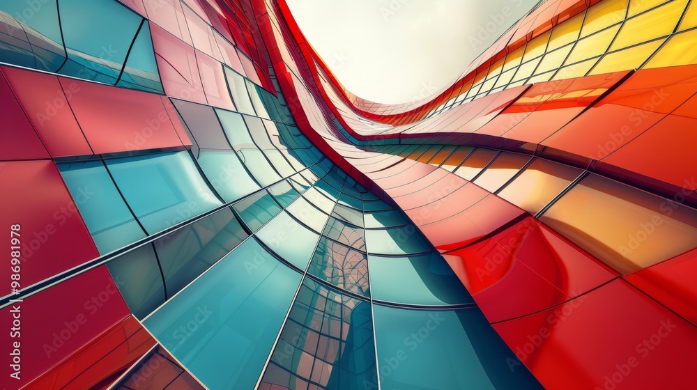 Poster a close-up view of a modern building's facade, featuring a dynamic interplay of red, blue, and yello