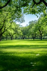 Obraz premium A peaceful view of a lush green park with scattered trees casting soft shadows on the grass. The clear blue sky and vibrant foliage make it a perfect representation of a serene summer day