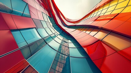 Fototapeta premium A close-up view of a modern building's facade, featuring a dynamic interplay of red, blue, and yellow glass panels.