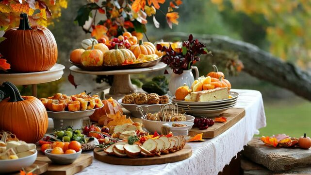Autumn harvest feast on a beautifully decorated table outdoors with seasonal fruits and pastries in a vibrant fall setting