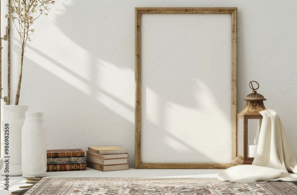 Aufkleber an empty picture frame leaning against a white wall in a minimalist room decorated with decorative e
