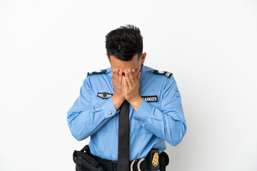Police caucasian man isolated on white background with tired and sick expression