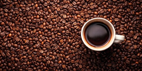 Naklejka premium A cup of black coffee surrounded by scattered coffee beans
