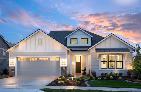 Modern farmhouse with white exterior and gray roof