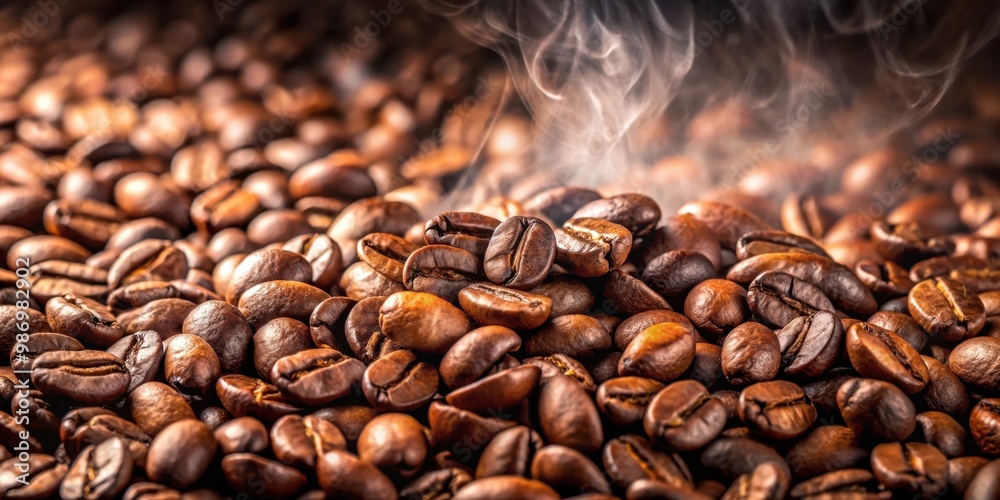 Wall mural close up of freshly roasted coffee beans with steam rising up, perfect for coffee shop or cafe backg