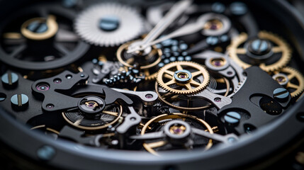 Intricate dismantled mechanical watch with detailed gears and springs on dark background, symbolizing precision and complexity in teardown analysis.