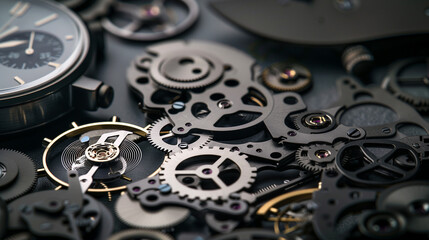 Intricate dismantled mechanical watch with detailed gears and springs on dark background, symbolizing precision and complexity in teardown analysis.