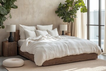 A minimalist Scandinavian bedroom with soft white bedding, rustic wooden furniture, and large indoor plants, creating a calm and airy atmosphere