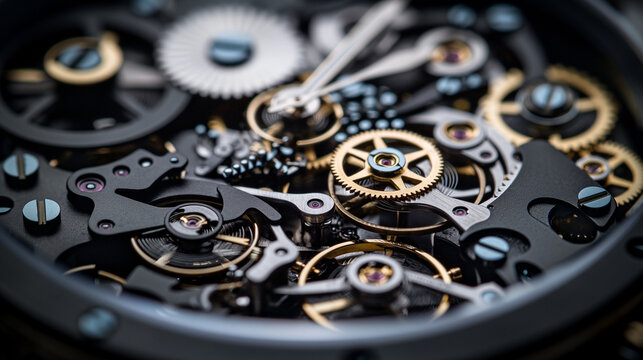 Intricate dismantled mechanical watch with detailed gears and springs on dark background, symbolizing precision and complexity in teardown analysis.