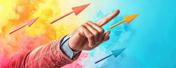 Hand pointing at success arrows, vibrant background symbolizing business growth