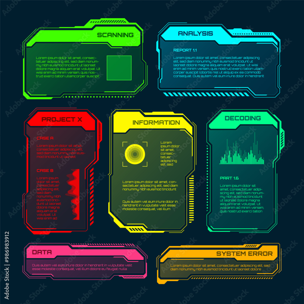 Poster Futuristic HUD or UI elements. Sci-fi user interface text boxes, callouts. Colorful warning message frame, information boxes template. Modern game interface layout, digital style. Vector illustration