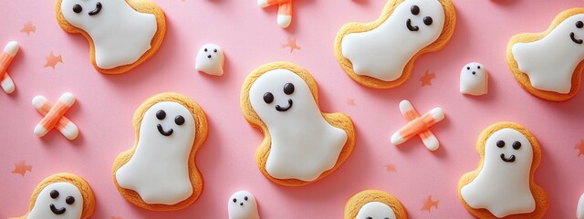 autumn, Halloween backdrop with decoration and cookies In form of ghosts on pink background. festive card, flyer, invitation concept.copy space. banner 