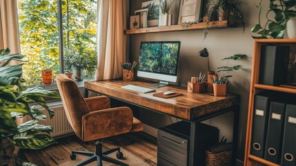 A rustic Scandinavian-style home office with a wooden desk, greenery, and natural decor, featuring a large window with a view of the outdoors, creating a cozy and natural workspace