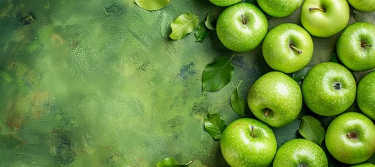 many fresh green apples and leaves on green background, copy space