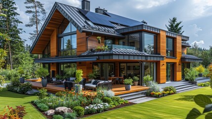 Obraz premium Modern house with solar panels, deck, and lawn
