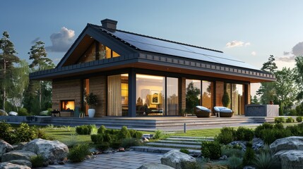Fototapeta premium Modern house with solar panels & garden