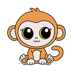 Zodiac Chinese monkey animal of New Year sign icon. Asian kawaii cute style isolated illustration of mascot ape. Adorable orange copycat with big eyes sitting and smiling on the white background.