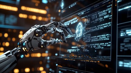 A close-up of a robot arm inscribing algorithmic code on a high-tech virtual blackboard, emphasizing the creation of innovative strategies for automated trading in a futuristic setting 