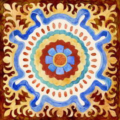 Watercolor painted tile with hand drawn geometrical and floral ornaments in Sicilia Mediterranean majolica ceramic painting style, on a dark brown background