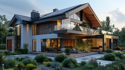 Fototapeta premium Modern two story house with pool and deck