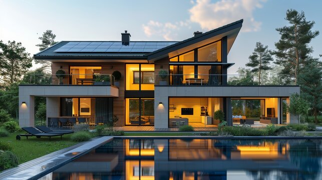 Modern house with a swimming pool and solar panels on the roof. Sustainable living concept