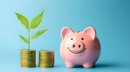 Smiling pink pig piggy bank, a stack of gold coins, and a green plant growing, isolated on a blue background.